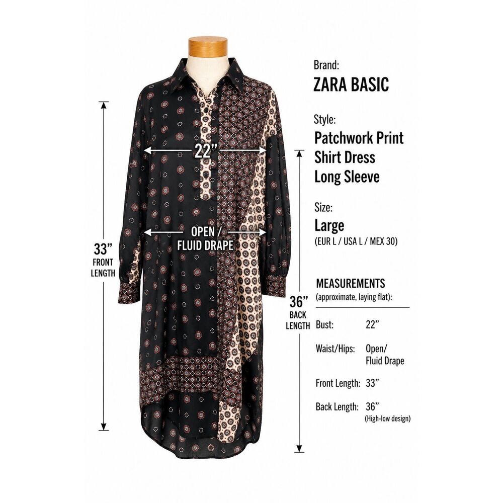 Zara Patchwork Print Oversized Shirt Dress L Black Pink Scarf Tunic Asymmetric - Picture 6 of 10